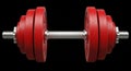 Red Dumbbell With Silver Handle And Weight Plates On Black Background weights exercise Royalty Free Stock Photo