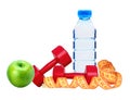 Red dumbbells fitness, green apple, bottle of water and measure Royalty Free Stock Photo