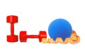 Red dumbbells fitness, measure tape and blue ball isolated Royalty Free Stock Photo