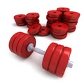 Red dumbbells and heap of weights Royalty Free Stock Photo