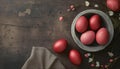Red painted Easter eggs with flowers on dark rustic background Royalty Free Stock Photo