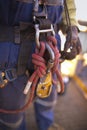 The red dynamic nylon ropes, fasten with figure of eights knot attaching, secure into Aluminium rope access safety descender