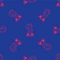 Red Earplugs and ear icon isolated seamless pattern on blue background. Ear plug sign. Noise symbol. Sleeping quality