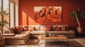 Red earth tones modern home interior. contemporary living room with terracotta wall, sofa, furniture, wooden coffee tables and Royalty Free Stock Photo