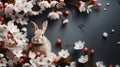 Red easter bunny and blooming spring flowers grey background postcard