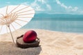 Red Easter egg on coconut shell on golden sandy beach blue sea and sky in background. Easter holiday Greeting card, copy Royalty Free Stock Photo