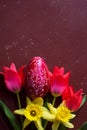 Red Easter Egg, Tulips And Daffodills