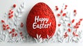 Red easter egg with white floral paper art and happy easter message. Easter, Pascha, Paskha, Ostern, Pascua, Paques - Royalty Free Stock Photo