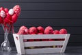 Red Easter eggs in a wooden container Royalty Free Stock Photo