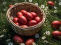 red easter eggs in woven basket springtime nature daisy flowers and green grass vegetation Royalty Free Stock Photo