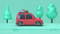 Red eco car on the road with trees nature and many objects on car,holiday travel concept 3d render cartoon style Royalty Free Stock Photo