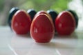 Red of egg shape ceramic shakers for salt and pepper Royalty Free Stock Photo