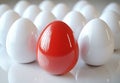 Red Egg Among White Eggs Concept Uniqueness. 3D rendering, glossy red egg standing out among smooth white eggs, creating strong Royalty Free Stock Photo