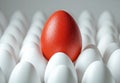 Red Egg Among White Eggs Concept Uniqueness. 3D rendering, glossy red egg standing out among smooth white eggs, creating strong Royalty Free Stock Photo