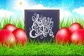 Red eggs in a field of grass with blue sky. happy easter lettering modern calligraphy, vector Royalty Free Stock Photo