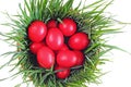 Red eggs on green grass, wooden basket; Easter tradition