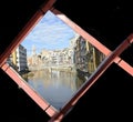 The Red Eiffel Bridge on the Onyar River at dusk in Girona, Cataloni Royalty Free Stock Photo