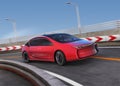 Red electric car on highway with motion blur background Royalty Free Stock Photo