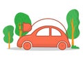 Red electric car plugged into a charging station. Green trees in the background. Eco-friendly transportation vector