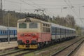 Red electric engine in Brno Kralovo Pole station in spring cold day Royalty Free Stock Photo