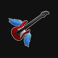 Red electric guitar with blue wings. Rock n roll or music theme. Vector design for promo poster, sticker or card