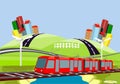 Red electric train, countryside, urban buildings, vector art