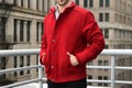 Red elegant cashmere jacket with pockets.