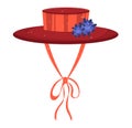 Red elegant ladies hat with ribbon and blue flowers. Fashionable female accessory for summer or spring outfit. Vintage