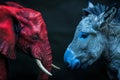 A red elephant and blue donkey symbol of Republican and Democrat political party Royalty Free Stock Photo