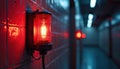 Red emergency beacon light mounted on tiled wall. Glowing warning light indicates danger alert. Additional emergency lights in Royalty Free Stock Photo