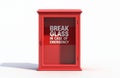 Red emergency box with Break Glass In Case Of Emergency text on its glass panel. Empty container sits on white background. It Royalty Free Stock Photo