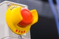 The red emergency button or stop button for Hand press. STOP Button for industrial machine Royalty Free Stock Photo