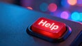 Red emergency help button illuminated on a dark surface, surrounded by colorful bokeh lights, symbolizing urgent assistance and Royalty Free Stock Photo