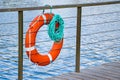 Red emergency lifebuoy with turquoise rope on pier near sea