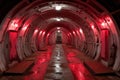 Red emergency lights illuminating a long underground tunnel inside an old abandoned bunker Royalty Free Stock Photo