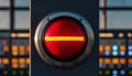 Red Emergency Stop Button with Yellow Bar and Blurry Control Panel Royalty Free Stock Photo