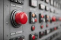 Red emergency stop push button on industrial control panel for critical process safety, activating power switch Royalty Free Stock Photo