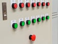 Red emergency and stop switch with green start buttons