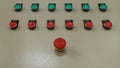 Red emergency and stop switch with green start buttons. Royalty Free Stock Photo