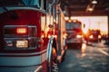 Red emergency vehicles lined up inside a fire station with blurred background and warm sunlight shining through the open bay doors Royalty Free Stock Photo