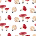 Red Emetic Russula mushrooms. Watercolor seamless pattern. Hand-drawn art for greeting cards, invitations and interior decoration Royalty Free Stock Photo