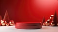 A red empty product podium surrounded by cone-shaped Christmas trees and balls.