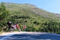 A red enduro motorcycle stands in side of the asphalt road, green nature