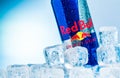 Single can of Red Bull Energy Drink on ice