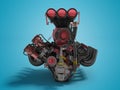 Red engine with supercharger front view 3d render on blue background with shadow