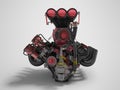 Red engine with supercharger front view 3d render on gray background with shadow