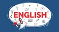 Red english word in speech bubble with writing and learning icons. Language skill and communication concept for educational Royalty Free Stock Photo