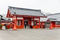 Red entrance gate in Edo period in Noboribetsu Date JIdaimura Historic Village at Hokkaido, Japan