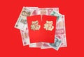 Red envelope chinese new year or hong bao , text meaning good luck