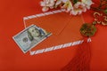 Red envelope with dollar for Chinese New Year bonus in red background,Happy Chinese new year concept Royalty Free Stock Photo